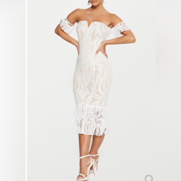 PrettyLittleThing White Bardot Lace Frill Hem Midi Dress Size 4 - Picture 1 of 11